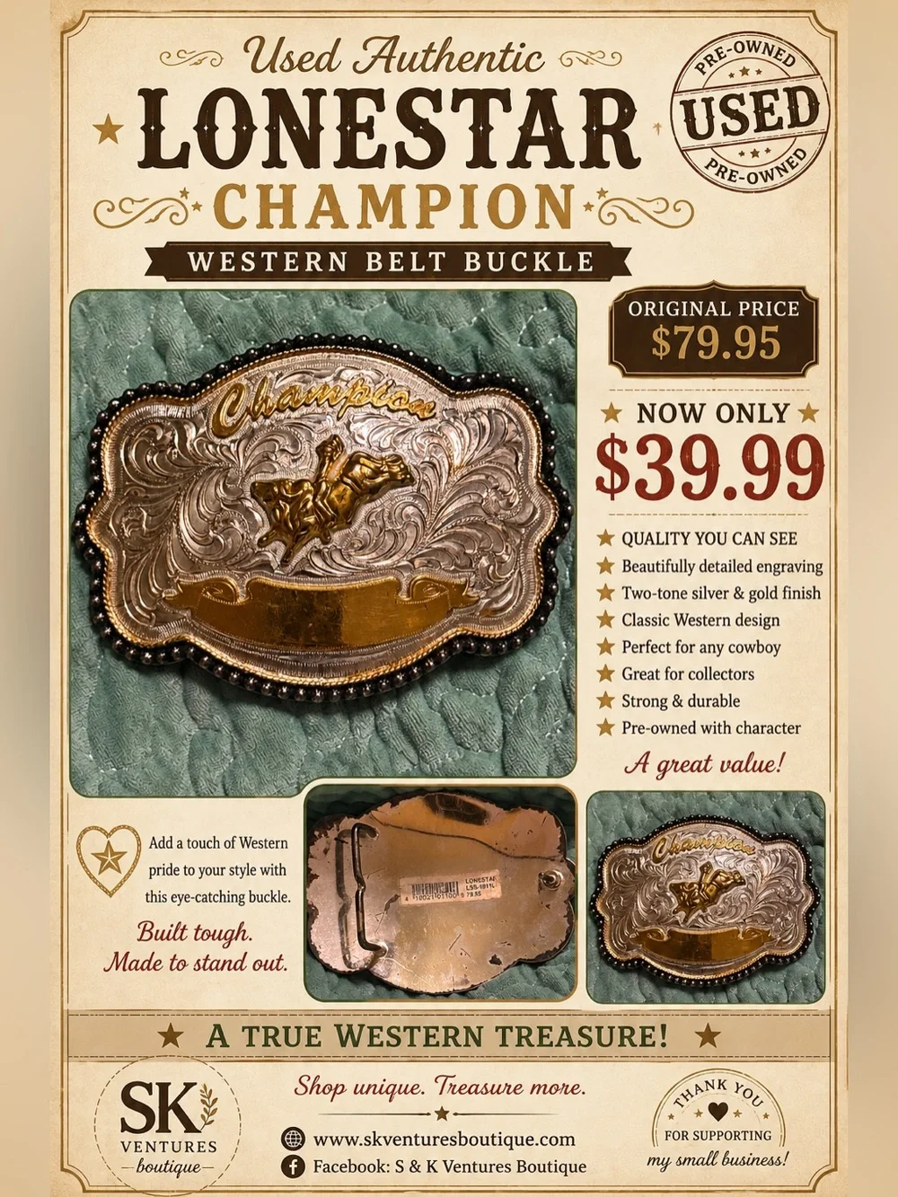 Lonestar “Champion” Western Two-Tone Belt Buckle – Pre-Owned